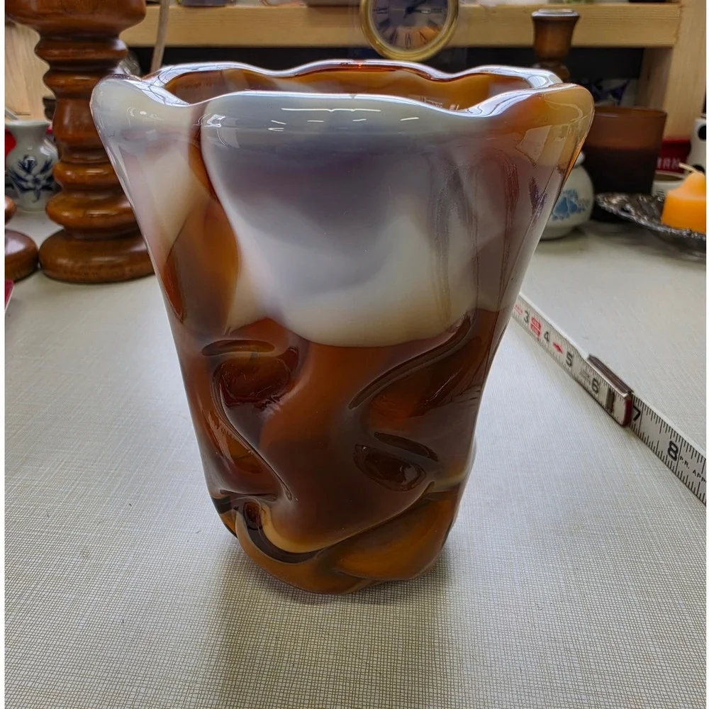 Vintage Imperial Glass Slag Glass Vase Caramel Slag IG Mark Ruffled Rim 5.5in